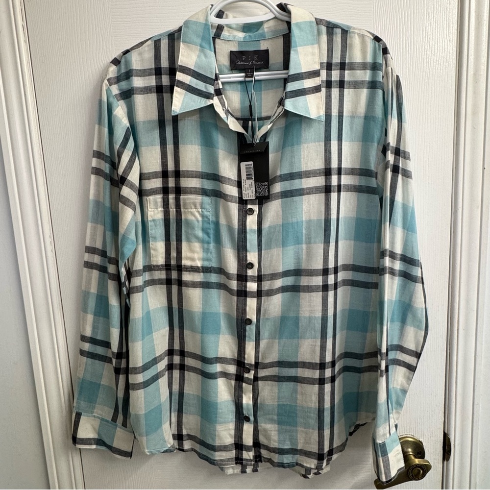 Patterson J. Kincaid PJK Libby Pocket Blouse L Teal Plaid Cotton Button-Up NWT
